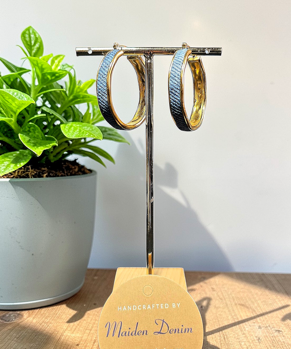 Denim Earrings - Denim Hoop Hammered Earrings Gold