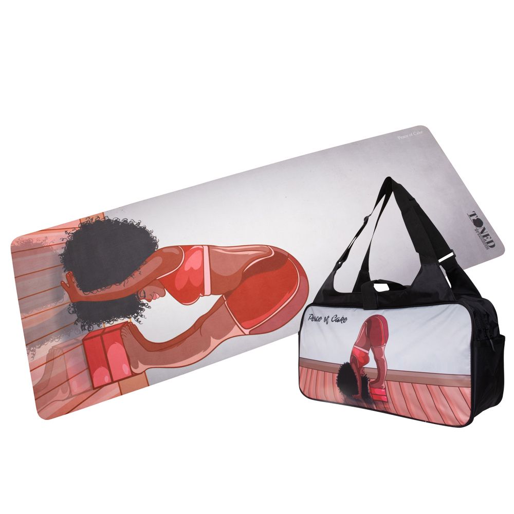 Custom made yoga mat and bag bundle design of woman in yoga pose