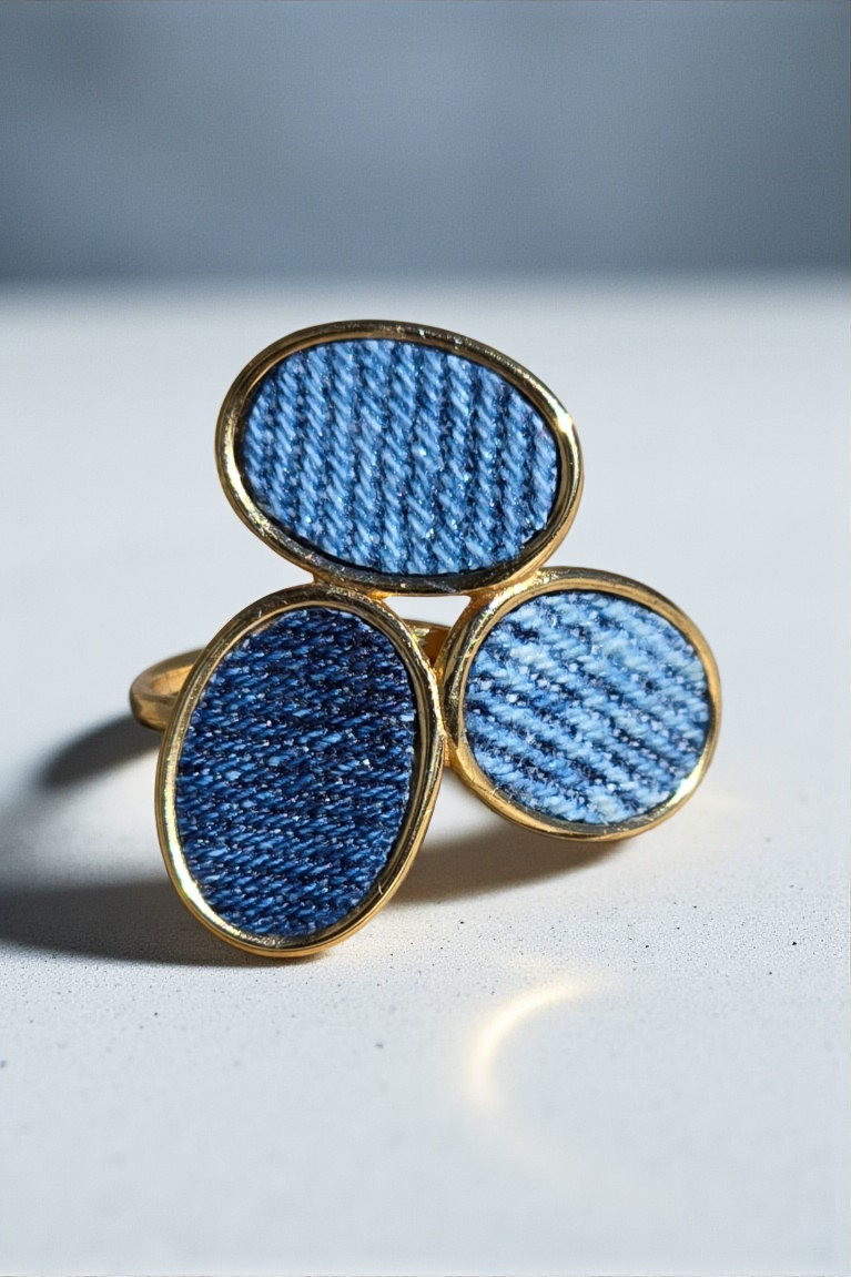Denim Ring - Tri Oval Gold Stainless Steel Adjustable Finger Denim Ring